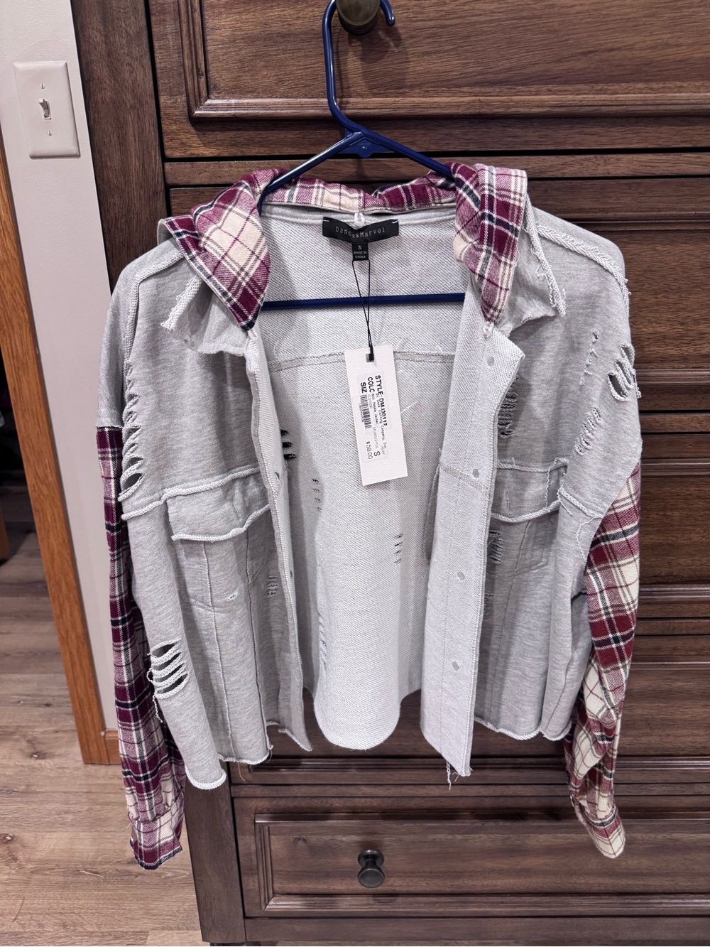 Dance & Marvel Gray Distressed Jacket with Burgundy Plaid Sleeves and Hood